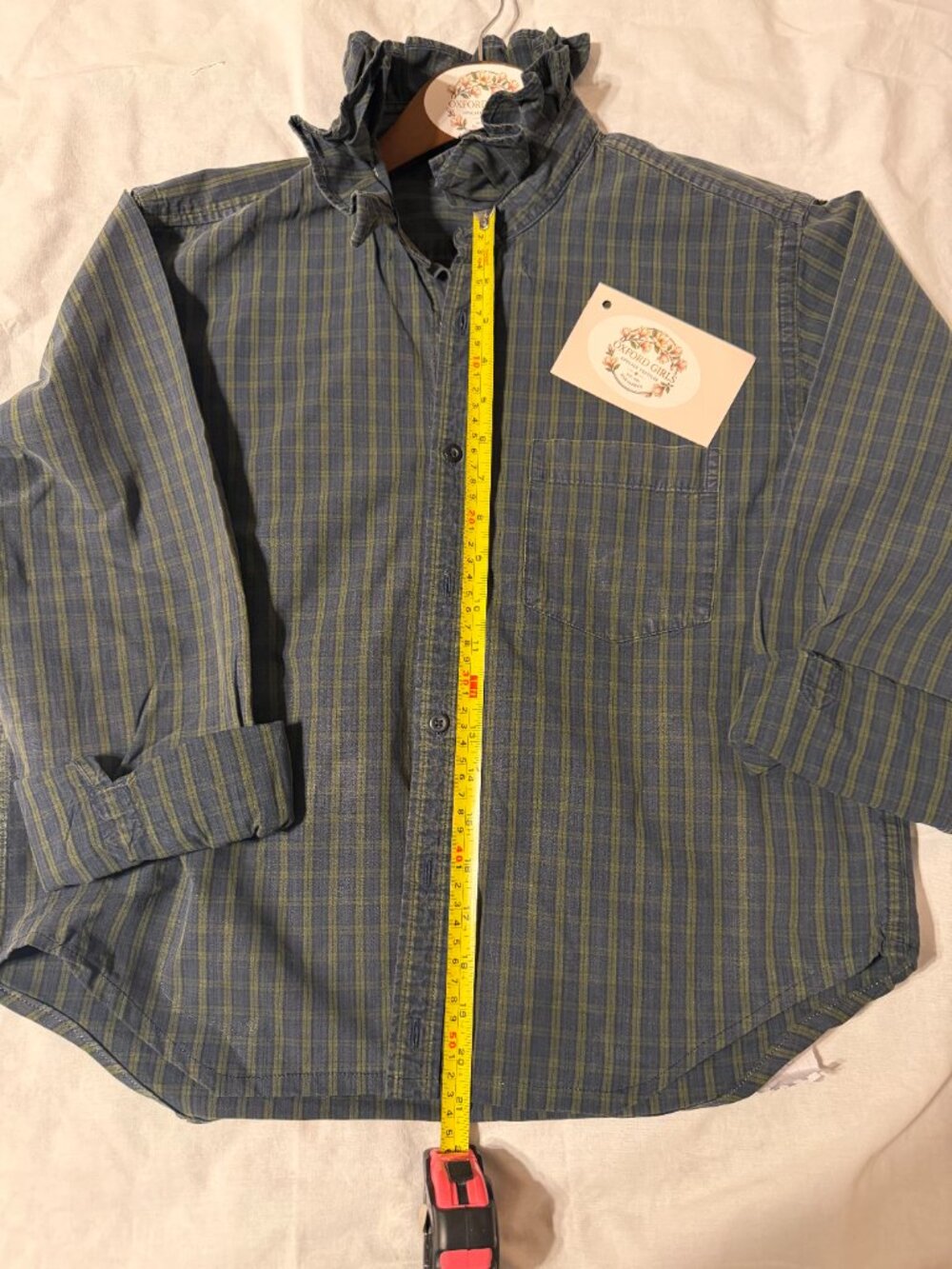 OG GAP Tartan plaid Oxford  100% cotton - upcycled w ruffle collar - Picture 3 of 5